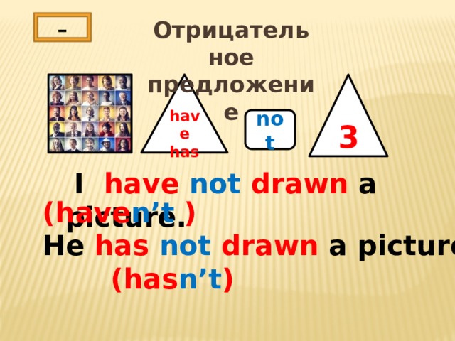 - Отрицательное предложение 3 have has not  I have not drawn a picture.   (have n’t ) He has not drawn a picture.  (has n’t ) 