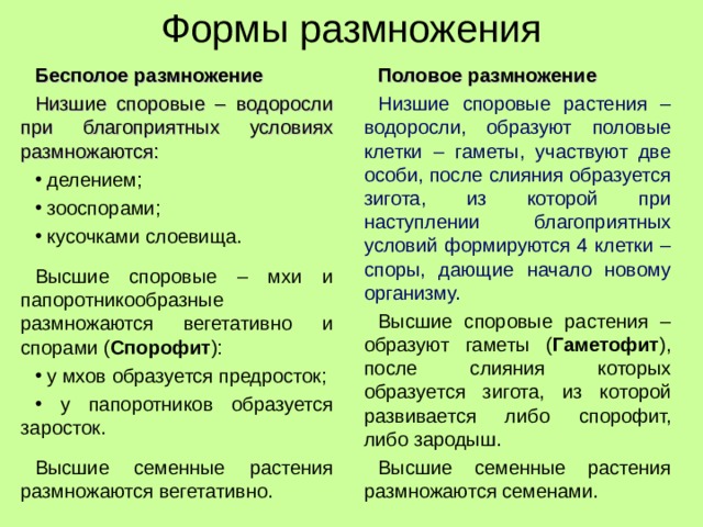 Формы размножения Бесполое размножение  Низшие споровые – водоросли при благоприятных условиях размножаются:  делением;  зооспорами;  кусочками слоевища.  Высшие споровые – мхи и папоротникообразные размножаются вегетативно и спорами ( Спорофит ):  у мхов образуется предросток;  у папоротников образуется заросток.  Высшие семенные растения размножаются вегетативно. Половое размножение  Низшие споровые растения – водоросли, образуют половые клетки – гаметы, участвуют две особи, после слияния образуется зигота, из которой при наступлении благоприятных условий формируются 4 клетки – споры, дающие начало новому организму. Высшие споровые растения – образуют гаметы ( Гаметофит ), после слияния которых образуется зигота, из которой развивается либо спорофит, либо зародыш. Высшие семенные растения размножаются семенами.