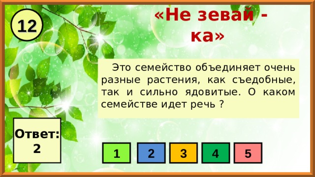12 «Не зевай - ка» Это семейство объединяет очень разные растения, как съедобные, так и сильно ядовитые. О каком семействе идет речь ? Ответ: 2 1 2 3 4 5 