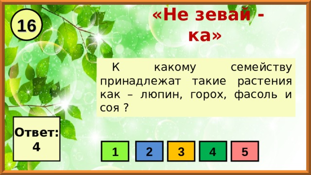 16 «Не зевай - ка» К какому семейству принадлежат такие растения как – люпин, горох, фасоль и соя ? Ответ: 4 1 2 3 4 5 