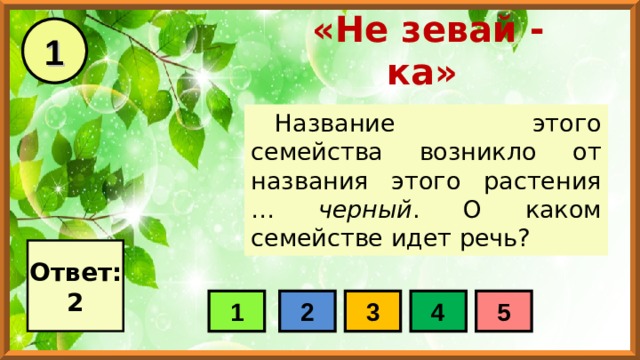 1 «Не зевай - ка» Название этого семейства возникло от названия этого растения … черный . О каком семействе идет речь? Ответ: 2 1 2 3 4 5 