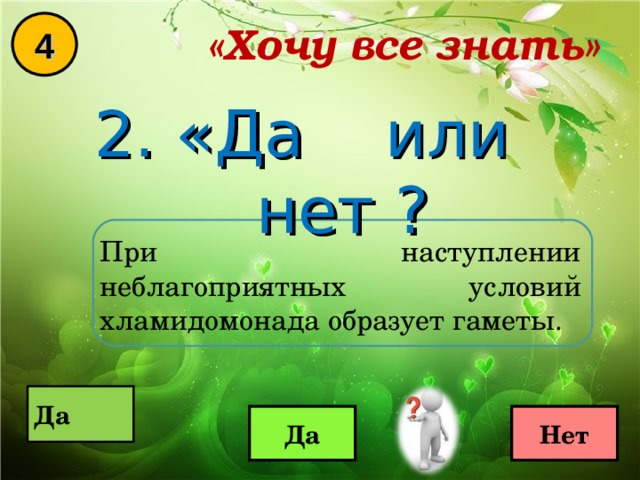 «Хочу все знать» 4 2. «Да или нет ? При наступлении неблагоприятных условий хламидомонада образует гаметы.  Да  Да Нет 