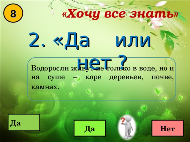 «Хочу все знать» 8 2. «Да или нет ? Водоросли живут не только в воде, но и на суше – коре деревьев, почве, камнях .  Да  Да Нет 