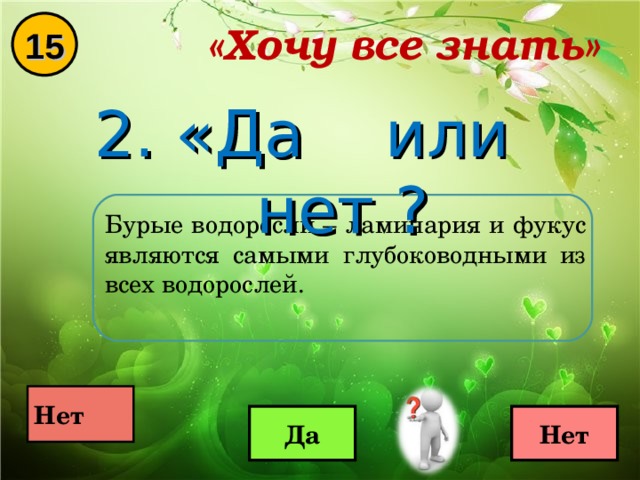 «Хочу все знать» 15 2. «Да или нет ? Бурые водоросли – ламинария и фукус являются самыми глубоководными из всех водорослей.  Нет  Да Нет 