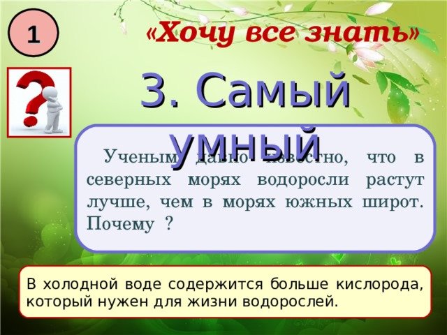 1 «Хочу все знать» 3. Самый умный Ученым давно известно, что в северных морях водоросли растут лучше, чем в морях южных широт. Почему ? В холодной воде содержится больше кислорода, который нужен для жизни водорослей. 