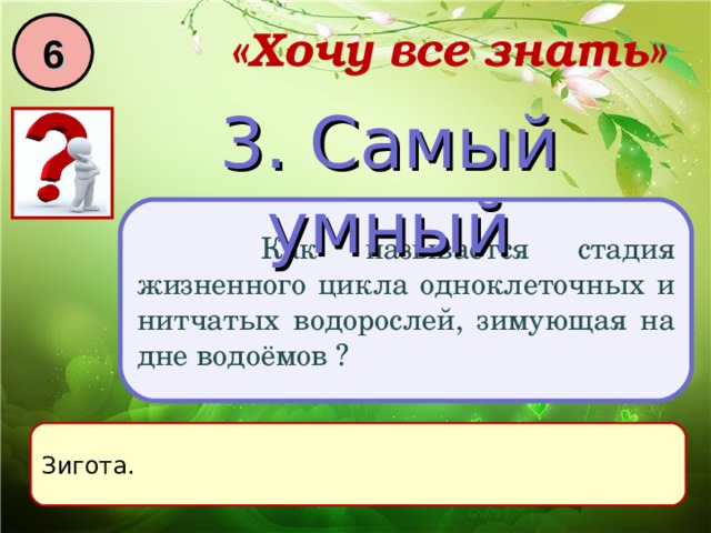 6 «Хочу все знать» 3. Самый умный  Как называется стадия жизненного цикла одноклеточных и нитчатых водорослей, зимующая на дне водоёмов ? Зигота. 