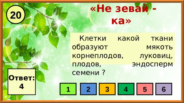 20 «Не зевай - ка» Клетки какой ткани образуют мякоть корнеплодов, луковиц, плодов, эндосперм семени ? Ответ: 4 1 2 3 4 5 6 