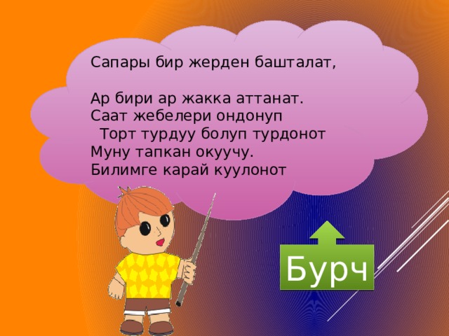 Сапары бир жерден башталат, Ар бири ар жакка аттанат. Саат жебелери ондонуп  Торт турдуу болуп турдонот Муну тапкан окуучу. Билимге карай куулонот Бурч 