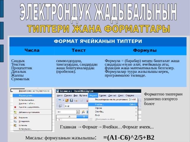 ФОРМАТ ЯЧЕЙКАНЫН ТИПТЕРИ Числа Текст Сандык Текстик Проценттик Даталык Жалпы Суммалык символдордон, тамгалардан, сандардан жана боштукчалардан (пробелов). Формулы Формула = (барабар) менен башталат жана сандарды өзүно алат, ячейканын аты, функция жана математикалык белгилер. Формулалар туура жазылышы керек, программалоо тилинде. Форматтоо типтерин ушинтип озгортсо болот Главная →Формат→Ячейки…Формат ячеек... Мисалы: формуланын жазылышы : =(A1-C6)^2/5+B2 
