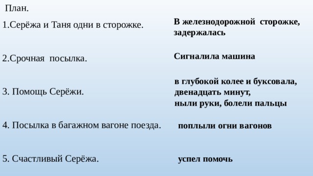  План. 1.Серёжа и Таня одни в сторожке. 2.Срочная посылка. 3. Помощь Серёжи. 4. Посылка в багажном вагоне поезда. 5. Счастливый Серёжа. В железнодорожной сторожке, задержалась Сигналила машина в глубокой колее и буксовала, двенадцать минут, ныли руки, болели пальцы поплыли огни вагонов успел помочь 