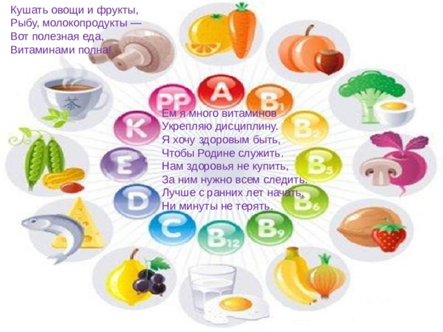 Кушать овощи и фрукты, Рыбу, молокопродукты — Вот полезная еда, Витаминами полна! Ем я много витаминов Укрепляю дисциплину. Я хочу здоровым быть, Чтобы Родине служить. Нам здоровья не купить, За ним нужно всем следить. Лучше с ранних лет начать, Ни минуты не терять. 