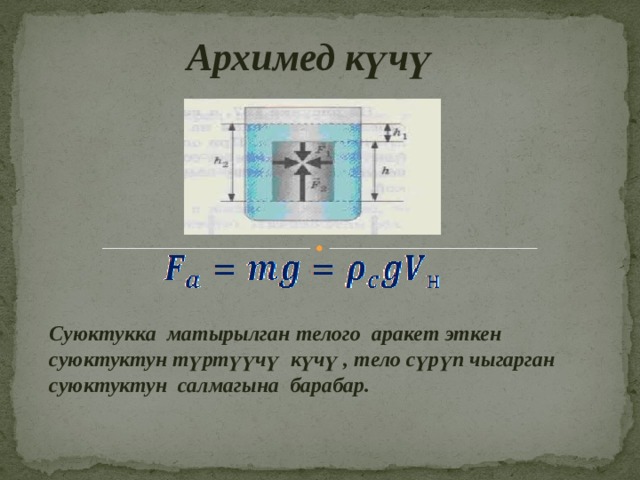  Архимед күчү Суюктукка матырылган телого аракет эткен суюктуктун түртүүчү күчү , тело сүрүп чыгарган суюктуктун салмагына барабар. 