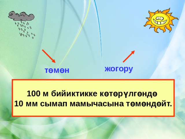 жогору төмөн 100 м бийиктикке көтөрүлгөндө 10 мм сымап мамычасына төмөндөйт. 