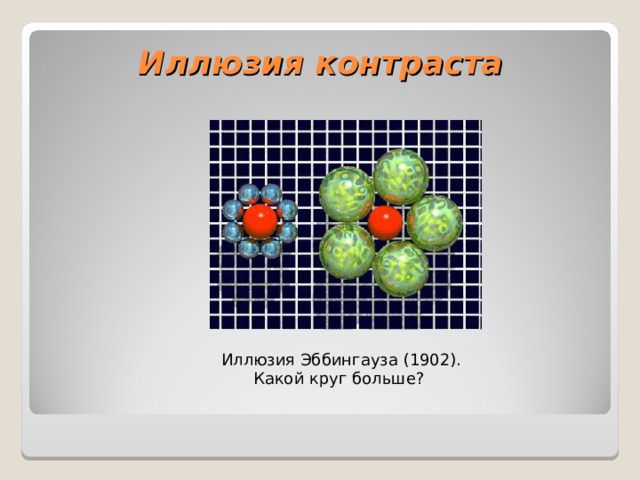  Иллюзия контраста  Иллюзия Эббингауза (1902). Какой круг больше? 