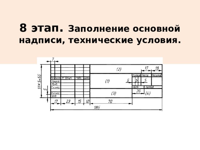 8 этап . Заполнение основной надписи, технические условия. 