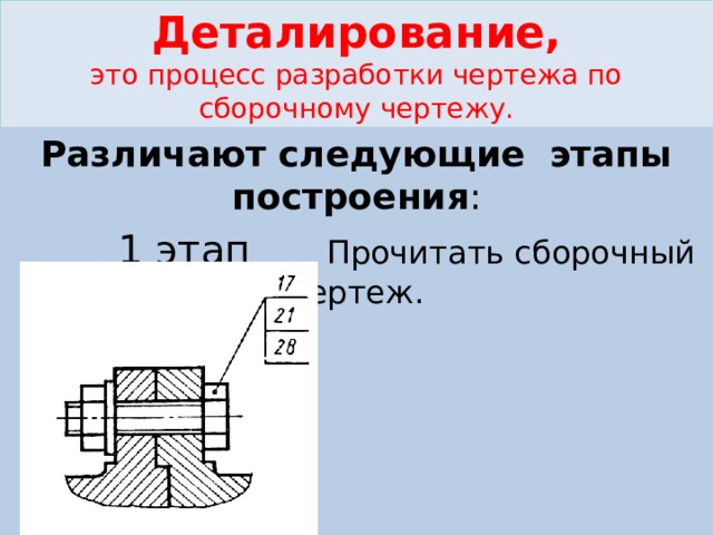 Деталирование,  это процесс разработки чертежа по сборочному чертежу. Различают следующие этапы построения :  1 этап Прочитать сборочный чертеж. 