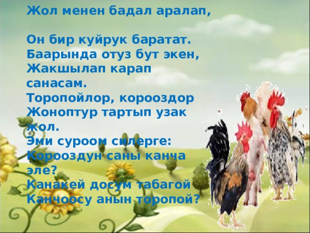 Жол менен бадал аралап,  Он бир куйрук баратат.  Баарында отуз бут экен,  Жакшылап карап санасам.  Торопойлор, корооздор  Жоноптур тартып узак жол.  Эми суроом силерге:  Корооздун саны канча эле?  Канакей досум табагой  Канчоосу анын торопой? 