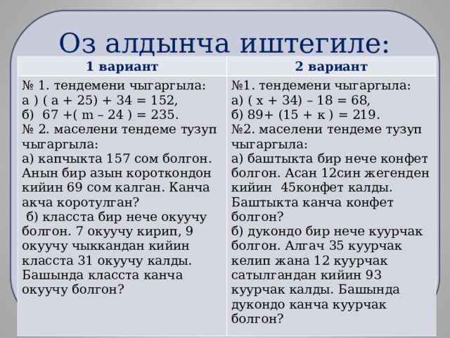 Оз алдынча иштегиле: 1 вариант 2 вариант № 1. тендемени чыгаргыла: а ) ( а + 25) + 34 = 152, б) 67 +( m – 24 ) = 235. № 2. маселени тендеме тузуп чыгаргыла: а) капчыкта 157 сом болгон. Анын бир азын короткондон кийин 69 сом калган. Канча акча коротулган?  б) класста бир нече окуучу болгон. 7 окуучу кирип, 9 окуучу чыккандан кийин класста 31 окуучу калды. Башында класста канча окуучу болгон? № 1. тендемени чыгаргыла: а) ( х + 34) – 18 = 68, б) 89+ (15 + к ) = 219. № 2. маселени тендеме тузуп чыгаргыла: а) баштыкта бир нече конфет болгон. Асан 12син жегенден кийин 45конфет калды. Баштыкта канча конфет болгон? б) дукондо бир нече куурчак болгон. Алгач 35 куурчак келип жана 12 куурчак сатылгандан кийин 93 куурчак калды. Башында дукондо канча куурчак болгон? 