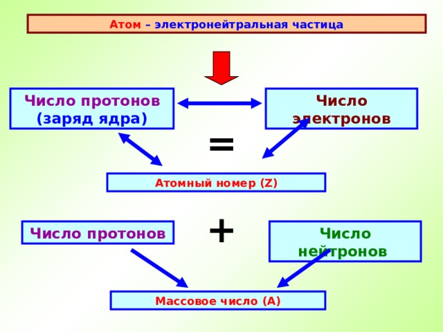 Атом – электронейтральная частица Число протонов (заряд ядра) Число электронов = Атомный номер ( Z ) + Число нейтронов Число протонов Массовое число (А) 