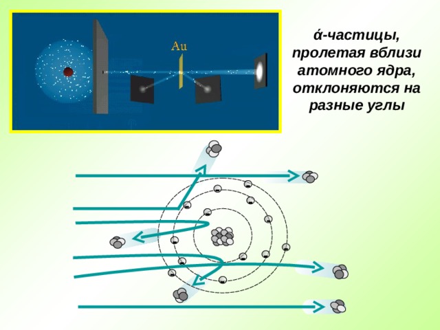 ά -частицы, пролетая вблизи атомного ядра, отклоняются на разные углы - - - - - - - - - - - - - 