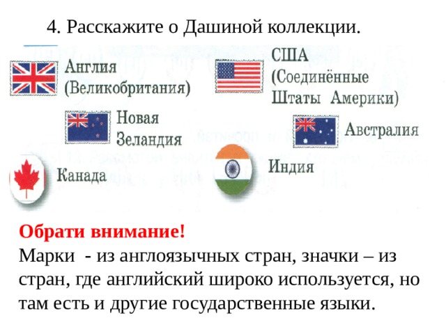 4. Расскажите о Дашиной коллекции. Обрати внимание! Марки - из англоязычных стран, значки – из стран, где английский широко используется, но там есть и другие государственные языки. 