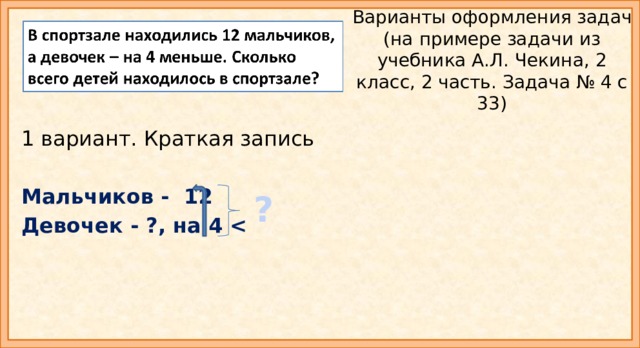 Варианты оформления задач  (на примере задачи из учебника А.Л. Чекина, 2 класс, 2 часть. Задача № 4 с 33) 1 вариант. Краткая запись Мальчиков - 12 Девочек - ?, на 4  ? 