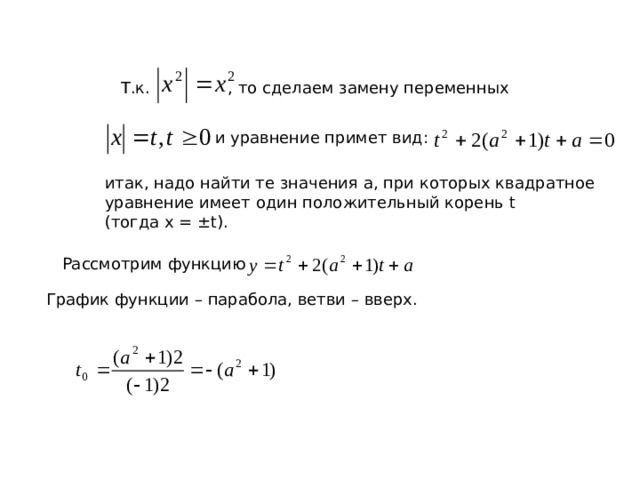 Т.к. , то сделаем замену переменных и уравнение примет вид: итак, надо найти те значения a , при которых квадратное уравнение имеет один положительный корень t (тогда x = ± t ). Рассмотрим функцию График функции – парабола, ветви – вверх. 
