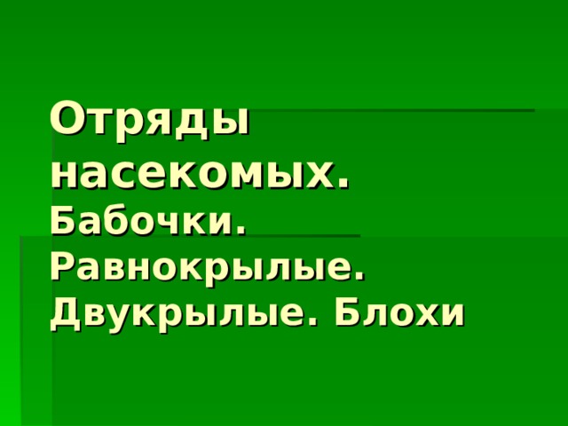 Отряды насекомых.  Бабочки. Равнокрылые. Двукрылые. Блохи 