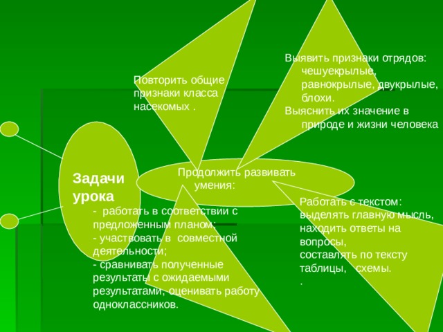 Выявить признаки отрядов: чешуекрылые, равнокрылые, двукрылые, блохи. Выяснить их значение в природе и жизни человека Повторить общие признаки класса насекомых . Продолжить развивать умения:  Задачи урока - работать в соответствии с предложенным планом; - участвовать в совместной деятельности; - сравнивать полученные результаты с ожидаемыми результатами, оценивать работу одноклассников. Работать с текстом: выделять главную мысль, находить ответы на вопросы, составлять по тексту таблицы, схемы. . 