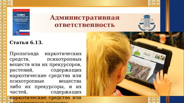 Административная ответственность Статья 6.13.  Пропаганда наркотических средств, психотропных веществ или их прекурсоров, растений, содержащих наркотические средства или психотропные вещества либо их прекурсоры, и их частей, содержащих наркотические средства или психотропные вещества.