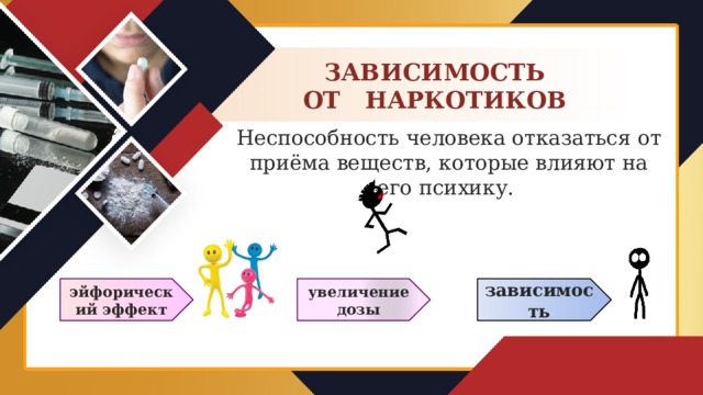 ЗАВИСИМОСТЬ ОТ НАРКОТИКОВ Неспособность человека отказаться от приёма веществ, которые влияют на его психику. эйфорический эффект зависимость увеличение дозы