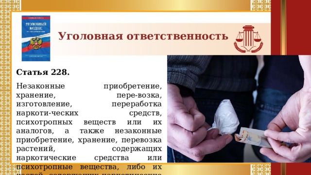 Уголовная ответственность Статья 228.  Незаконные приобретение, хранение, пере-возка, изготовление, переработка наркоти-ческих средств, психотропных веществ или их аналогов, а также незаконные приобретение, хранение, перевозка растений, содержащих наркотические средства или психотропные вещества, либо их частей, содержащих наркотические средства или психотропные вещества.