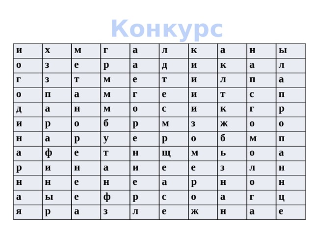 Конкурс «Головоломка» и х о м г з з е о г д р т а п а м л а а и н д к е р м н м о г а т а и а ф н е б и р р к о у р ы е с и и н л а т н е н а и м т л п я к с а н ы а е р з е п и н р ж щ г о м е е ф р а б о р з о а ь е м л з с р п о н е л а о ж а н о г н н ц а е 