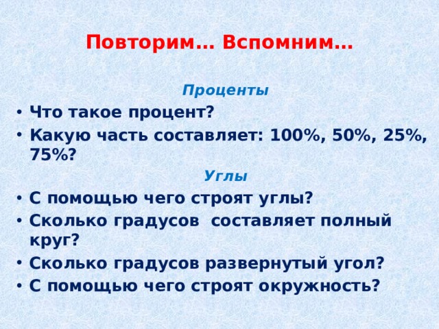 Повторим… Вспомним… Проценты Что такое процент? Какую часть составляет: 100%, 50%, 25%, 75%? Углы С помощью чего строят углы? Сколько градусов составляет полный круг? Сколько градусов развернутый угол? С помощью чего строят окружность?  