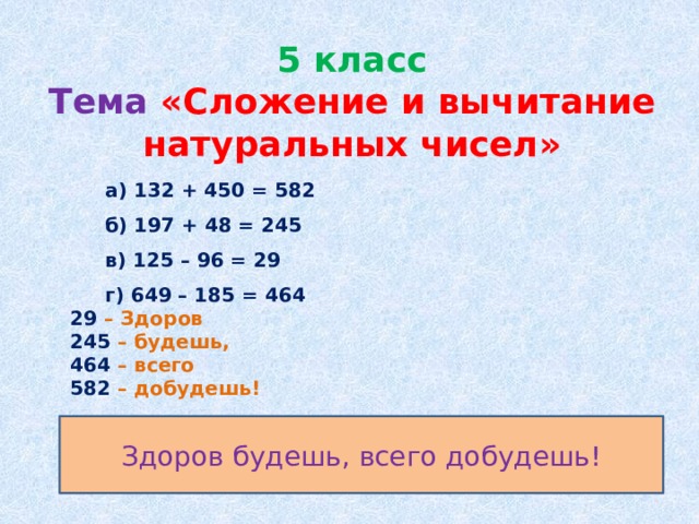 5 класс  Тема  «Сложение и вычитание натуральных чисел»  а) 132 + 450 = 582  б) 197 + 48 = 245  в) 125 – 96 = 29  г) 649 – 185 = 464 29 – Здоров 245 – будешь, 464 – всего 582 – добудешь! Здоров будешь, всего добудешь! 
