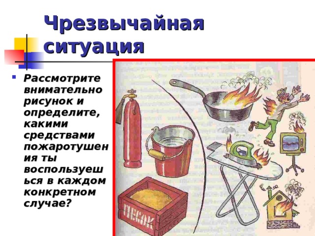 Чрезвычайная ситуация Рассмотрите внимательно рисунок и определите, какими средствами пожаротушения ты воспользуешься в каждом конкретном случае?  