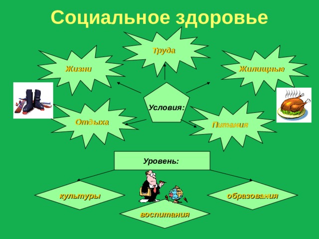 Социальное здоровье Труда Жилищные  Жизни  Условия: Отдыха  Питания Уровень: культуры образования воспитания 
