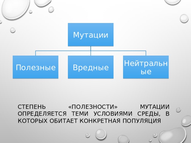 Мутации Полезные Вредные Нейтральные Степень «полезности» мутации определяется теми условиями среды, в которых обитает конкретная популяция 