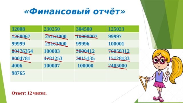 «Финансовый отчёт»               Ответ: 12 чисел. 32008 230250 1268067  25163000 304500 99999 80476354  25163000 10008007 125023 100003 99997 8004781 99996 100001 4006 3800412 4781253 76058312 100007 98765 3015135 15128133  100000 2405000 