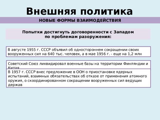 Внешняя политика НОВЫЕ ФОРМЫ ВЗАИМОДЕЙСТВИЯ Попытки достигнуть договоренности с Западом по проблемам разоружения: В августе 1955 г. СССР объявил об одностороннем сокращении своих вооруженных сил на 640 тыс. человек, а в мае 1956 г. - еще на 1,2 млн Советский Союз ликвидировал военные базы на территории Финляндии и Китая. В 1957 г. СССР внес предложение в ООН о приостановке ядерных испытаний, взаимных обязательствах об отказе от применения атомного оружия, о скоординированном сокращении вооруженных сил ведущих держав 