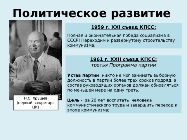 Политическое развитие 1959 г. ХХI съезд КПСС: Полная и окончательная победа социализма в СССР! Переходим к развернутому строительству коммунизма. 1961 г. ХХII съезд КПСС: третья Программа партии Устав партии : никто не мог занимать выборную должность в партии более трех сроков подряд, а состав руководящих органов должен обновляться по меньшей мере на одну треть. Цель - за 20 лет воспитать человека коммунистического труда и завершить переход к эпохе коммунизма; Н.С. Хрущев (первый секретарь ЦК) 