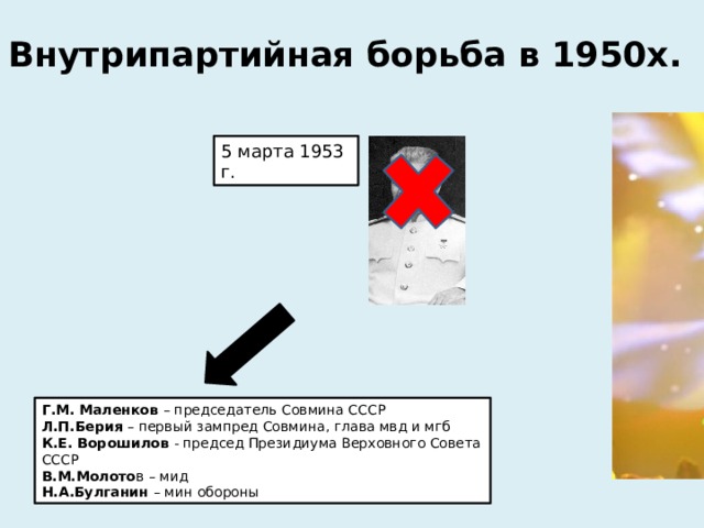 Внутрипартийная борьба в 1950х. 5 марта 1953 г. Г.М. Маленков – председатель Совмина СССР Л.П.Берия – первый зампред Совмина, глава мвд и мгб К.Е. Ворошилов - председ Президиума Верховного Совета СССР В.М.Молото в – мид Н.А.Булганин – мин обороны 