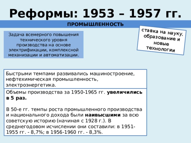 ставка на науку, образование и новые технологии Реформы: 1953 – 1957 гг. ПРОМЫШЛЕННОСТЬ Задача всемерного повышения технического уровня производства на основе электрификации, комплексной механизации и автоматизации. Быстрыми темпами развивались машиностроение, нефтехимическая промышленность, электроэнергетика. Объемы производства за 1950-1965 гг. увеличились в 5 раз. В 50-е гг. темпы роста промышленного производства и национального дохода были наивысшими за всю советскую историю (начиная с 1928 г.). В среднегодовом исчислении они составили: в 1951-1955 гг. - 8,7%; в 1956-1960 гг. - 8,3%. 