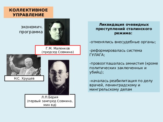 КОЛЛЕКТИВНОЕ УПРАВЛЕНИЕ Ликвидация очевидных преступлений сталинского режима: -отменялись внесудебные органы; -реформировалась система ГУЛАГА; -провозглашалась амнистия (кроме политических заключенных и убийц); -началась реабилитация по делу врачей, ленинградскому и мингрельскому делам экономич. программа Г.М. Маленков (председ Совмина) Н.С. Хрущев !! Л.П.Берия (первый зампред Совмина, мин вд)  