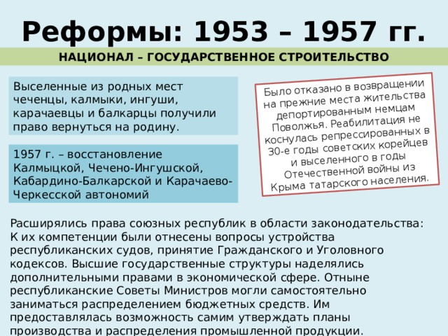 Было отказано в возвращении на прежние места жительства депортированным немцам Поволжья. Реабилитация не коснулась репрессированных в 30-е годы советских корейцев и выселенного в годы Отечественной войны из Крыма татарского населения. Реформы: 1953 – 1957 гг. НАЦИОНАЛ – ГОСУДАРСТВЕННОЕ СТРОИТЕЛЬСТВО Выселенные из родных мест чеченцы, калмыки, ингуши, карачаевцы и балкарцы получили право вернуться на родину. 1957 г. – восстановление Калмыцкой, Чечено-Ингушской, Кабардино-Балкарской и Карачаево-Черкесской автономий Расширялись права союзных республик в области законодательства: К их компетенции были отнесены вопросы устройства республиканских судов, принятие Гражданского и Уголовного кодексов. Высшие государственные структуры наделялись дополнительными правами в экономической сфере. Отныне республиканские Советы Министров могли самостоятельно заниматься распределением бюджетных средств. Им предоставлялась возможность самим утверждать планы производства и распределения промышленной продукции. 