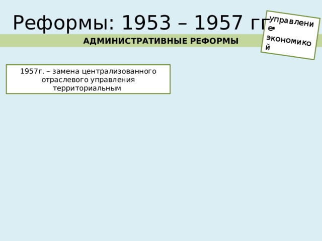 управление экономикой Реформы: 1953 – 1957 гг. АДМИНИСТРАТИВНЫЕ РЕФОРМЫ 1957г. – замена централизованного отраслевого управления территориальным 