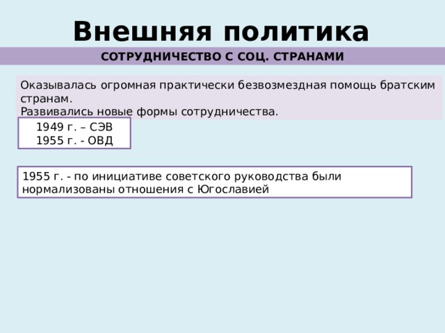 Внешняя политика СОТРУДНИЧЕСТВО С СОЦ. СТРАНАМИ Оказывалась огромная практически безвозмездная помощь братским странам. Развивались новые формы сотрудничества. 1949 г. – СЭВ 1955 г. - ОВД 1955 г. - по инициативе советского руководства были нормализованы отношения с Югославией 