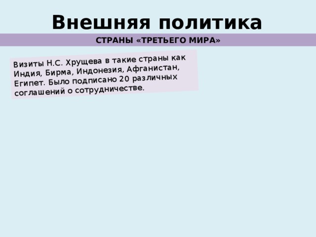 Визиты Н.С. Хрущева в такие страны как Индия, Бирма, Индонезия, Афганистан, Египет. Было подписано 20 различных соглашений о сотрудничестве. Внешняя политика СТРАНЫ «ТРЕТЬЕГО МИРА» 