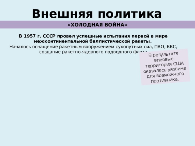 В результате впервые территория США оказалась уязвима для возможного противника. Внешняя политика «ХОЛОДНАЯ ВОЙНА» В 1957 г. СССР провел успешные испытания первой в мире межконтинентальной баллистической ракеты. Началось оснащение ракетным вооружением сухопутных сил, ПВО, ВВС, создание ракетно-ядерного подводного флота 