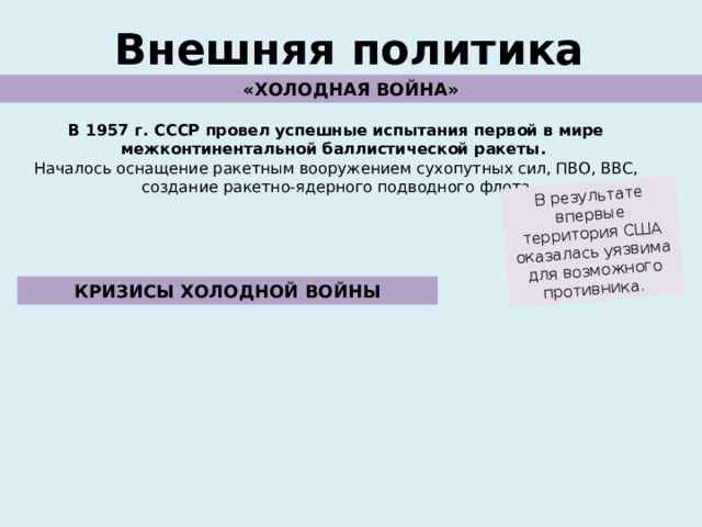 В результате впервые территория США оказалась уязвима для возможного противника. Внешняя политика «ХОЛОДНАЯ ВОЙНА» В 1957 г. СССР провел успешные испытания первой в мире межконтинентальной баллистической ракеты. Началось оснащение ракетным вооружением сухопутных сил, ПВО, ВВС, создание ракетно-ядерного подводного флота КРИЗИСЫ ХОЛОДНОЙ ВОЙНЫ 